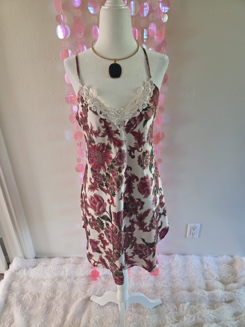 Vintage 90s Floral Lace Trim Slip Dress - Cream with Red Floral